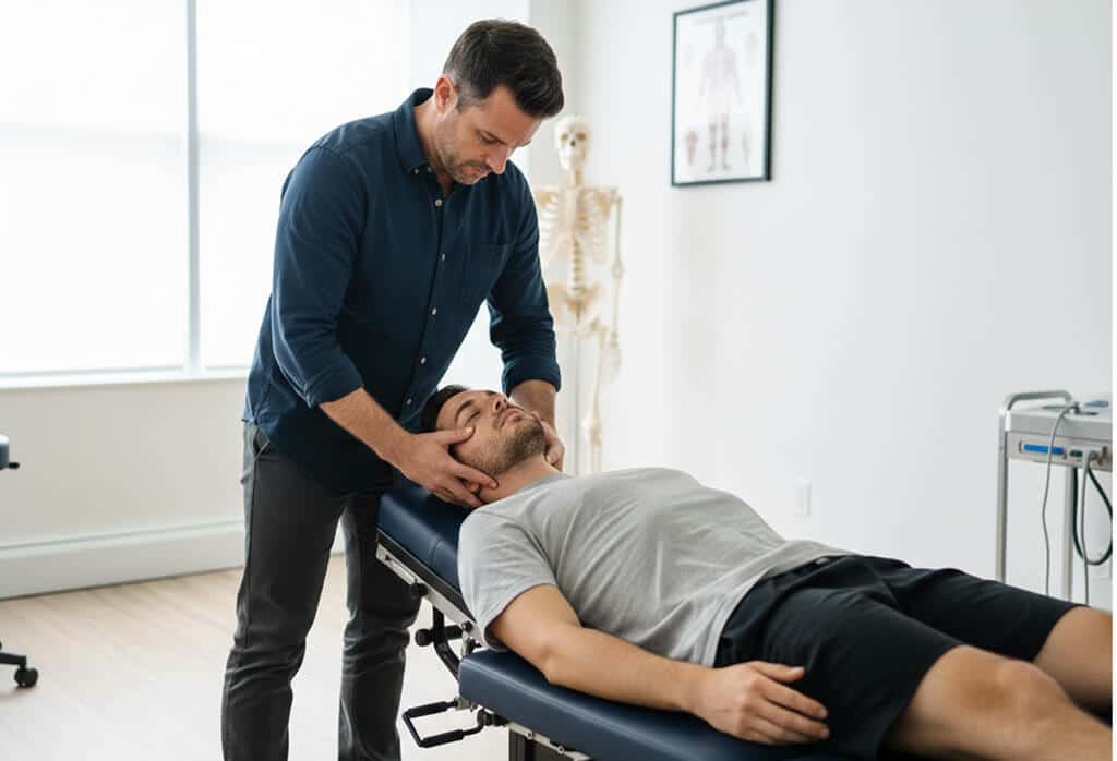 Quiropraxista realizando atendimento para dor de cabeça tensional