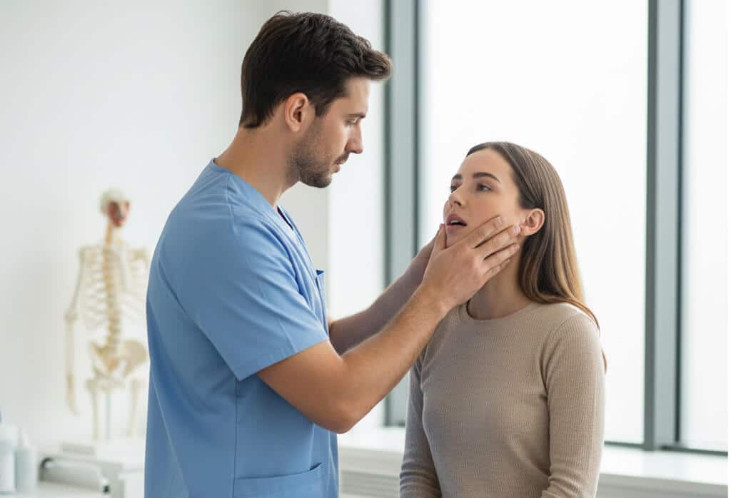 Quiropraxista fazendo atendimento para bruxismo em paciente do sexo feminino.