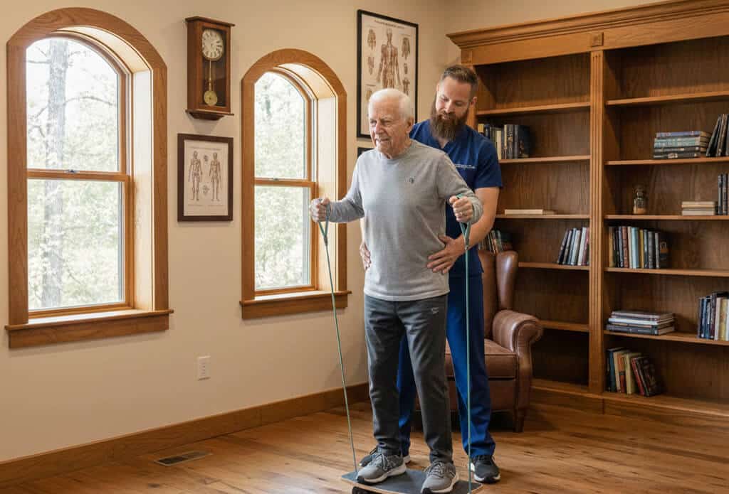 Paciente idoso sendo atendido por quiropraxista para o tratamento de problemas de mobilidade e equilíbrio