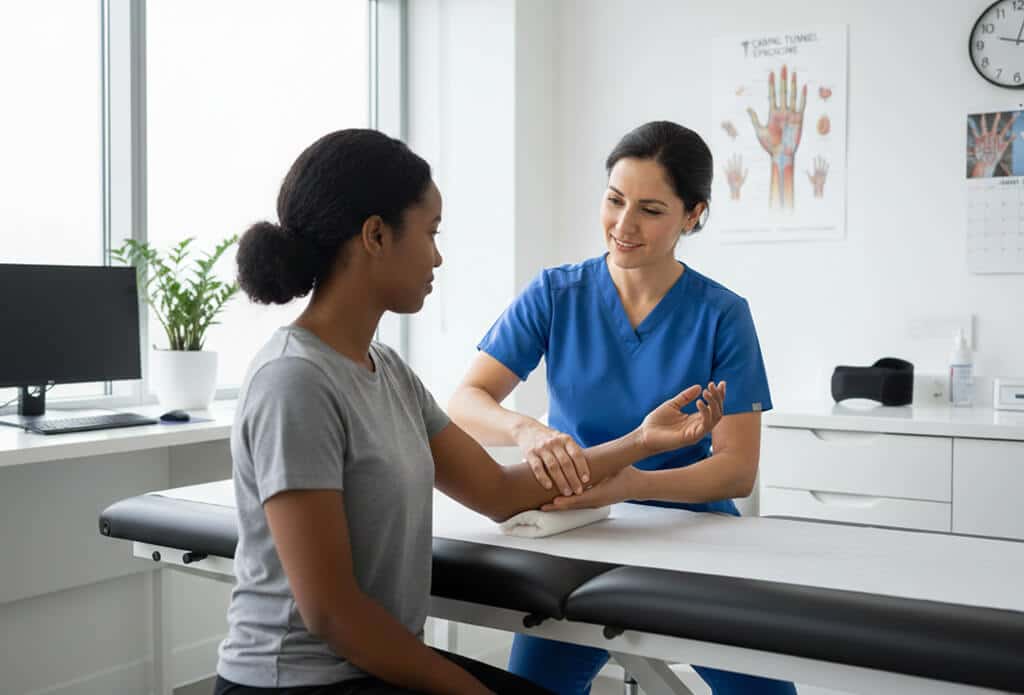 Mulher negra sendo atendida pela quiropraxista para tratamento da Síndrome do Túnel de Carpo