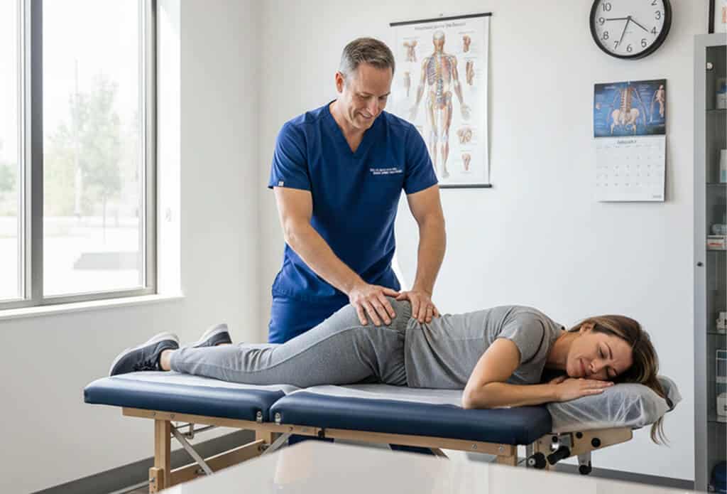 Paciente mulher deitada na maca, sendo atendida por um quiropraxista para o tratamento de ciatalgia