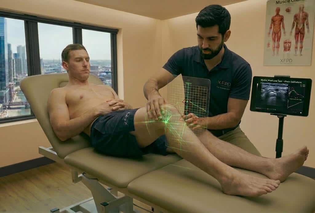 Profissional quiropraxista avaliando paciente para possível tratamento de problemas nos joelhos