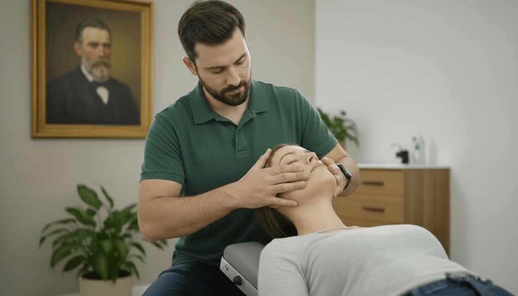 Quiropraxista realizando ajuste na coluna cervical de uma paciente mulher.
