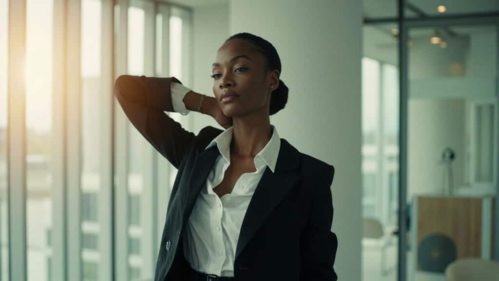 Mulher negra com a mão no pescoço em seu ambiente de trabalho realizando Exercícios Ergonômicos e Alongamentos em um intervalo