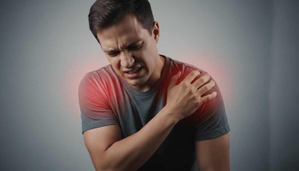 Homem com a mão no ombro e cara de dor, representando problemas de saúde dos ombros