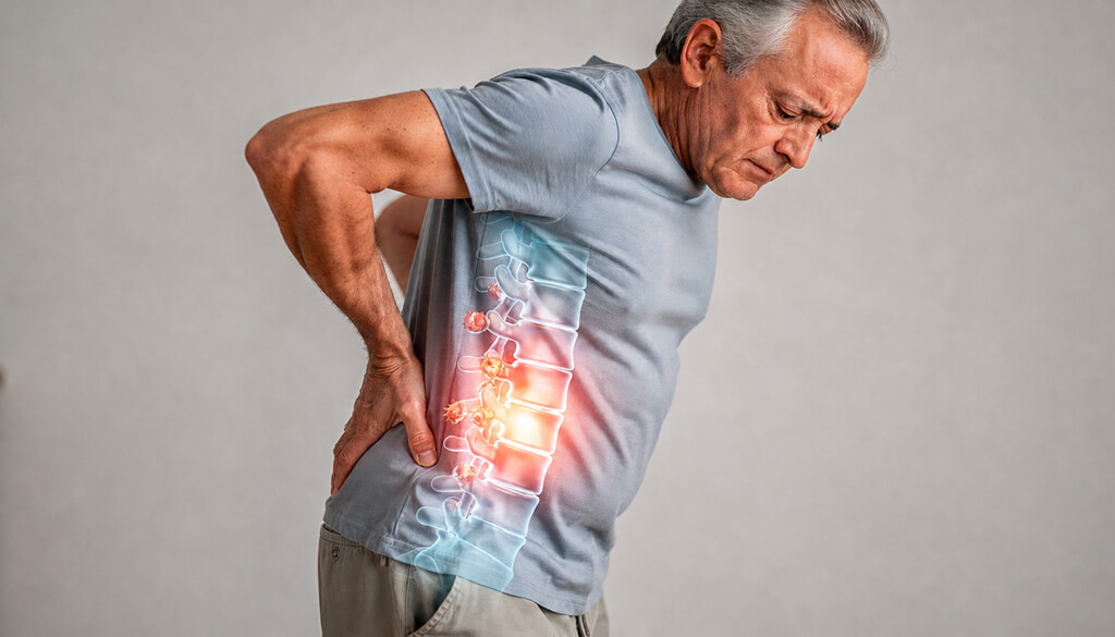 Imagem mostra homem adulto com as mãos na região da lombar como se sofresse com incomodo ou dores e uma imagem gráfica da coluna vertebral é sobreposta destacando Osteofitose, popularmente conhecida como Bico de Papagaio.