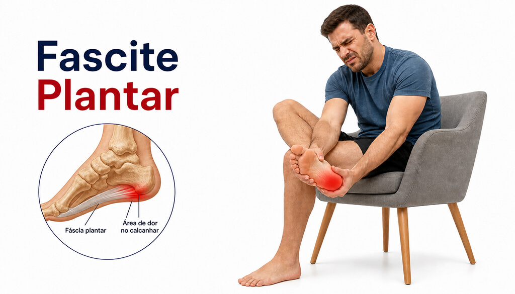 Homem sentado em poltrona com cara de dor e segurando o pé ilustrando dor causada por fascite plantar. A imagem tem um infográfico mostrando a estrutura do pé humano com inflamação da fáscia.